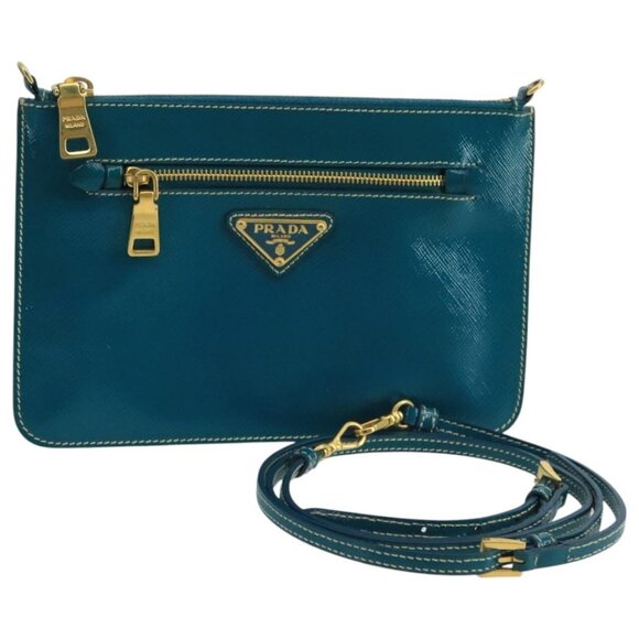 PRADA Shoulder Bag Safiano leather Turquoise Blue Gold Auth - Picture 2 of 16
